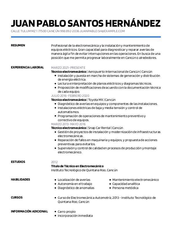 Currículum de técnico electromecánico ejemplos miCVideal